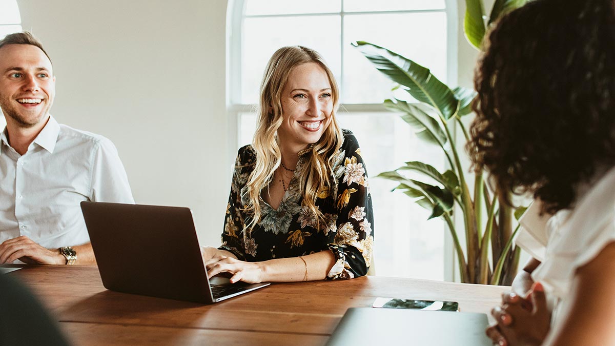 Board Room Space Business Woman Having Meeting with Two Colleagues